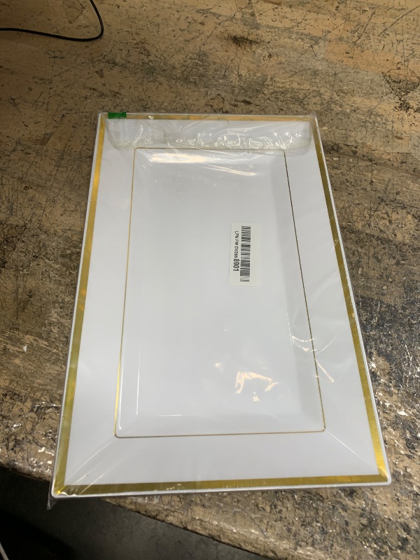 Photo 1 of FOCUSLINE 8 PCS Plastic Serving Trays, White and Gold Rim Plastic Serving Platters, Disposable Tray for Food, Perfect for Wedding Parties
