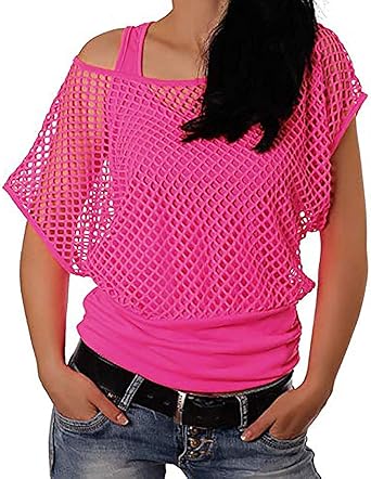 Photo 1 of (BAGGED) (XL) Fish Women Casual Sexy 80s Costumes Fishnet Neon Off Shoulder T-Shirt XL