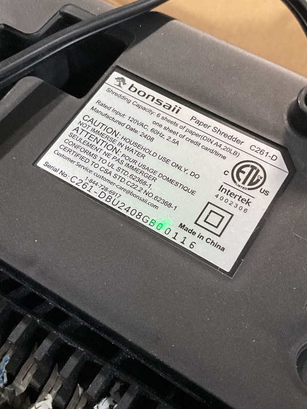 Photo 1 of (Used)(sold for parts only) Bonsaii 6 Sheet High Security Micro Cut Paper Shredder, Credit Cards/Mail/Staples/Clips Shredder 