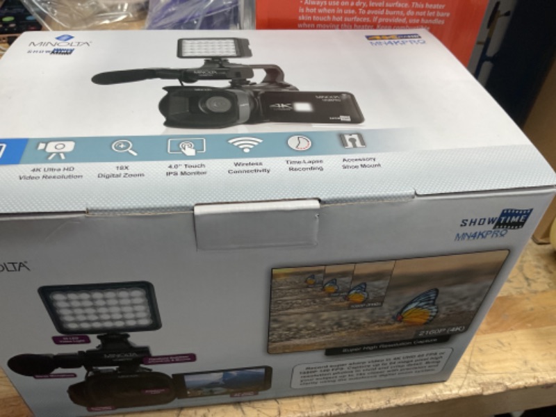 Photo 1 of Minolta 64MP Autofocus Video Camera with Microphone & Video Light, 4" Touchscreen, 4K Ultra HD Video, 18x Digital Zoom, WiFi, Stabilizer, 32GB Card, 3100mAh Battery, Carrying Bag (Black)