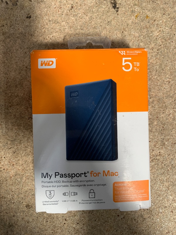 Photo 1 of *PASSWORD PROTECTED* WD 5TB My Passport for Mac, Navy, Portable External Hard Drive with backup software and password protection, USB 3.1/USB 3.0 compatible - WDBA2F0050BBL-WESN