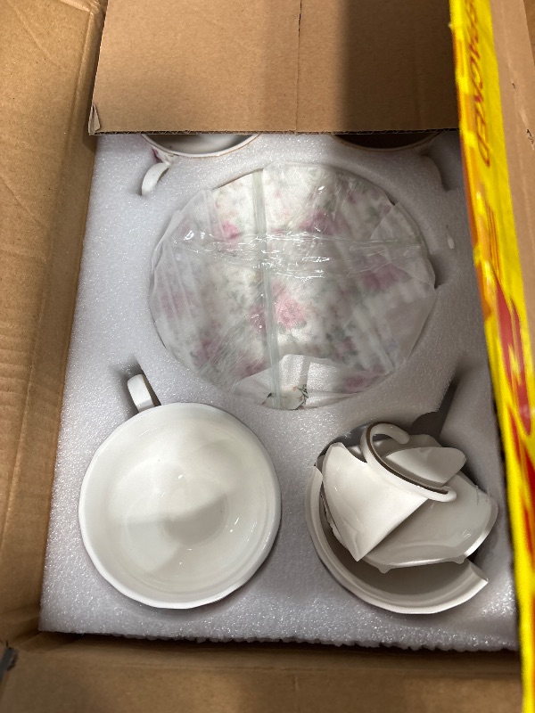 Photo 1 of Agyiuns Tea Cup and Saucers, 6.4oz Floral Tea Cups with Gold Trim, Porcelain Bone China Teacup, Coffee Cappuccino Espresso Latte Mugs for Party Birthday,Party Cafe Home, Christmas Gift (White)