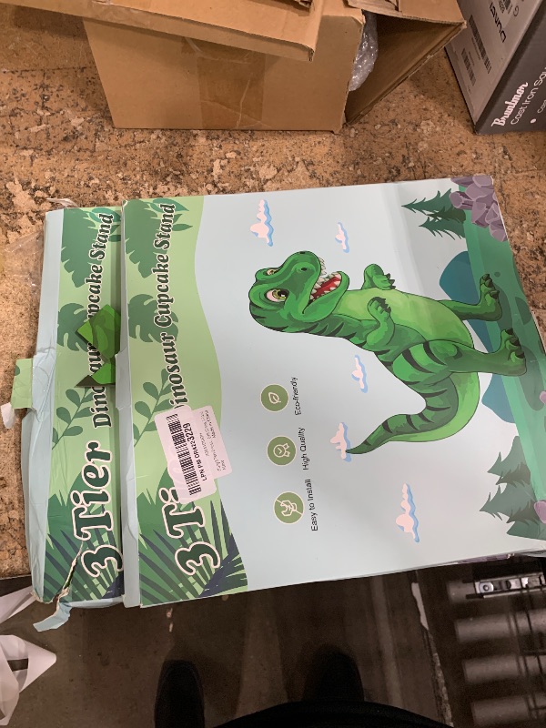Photo 1 of Ufurty 3 Tiers Dinosaur Cupcake Stand, Dinosaur Theme Birthday Party Decorations Cardboard Cupcake Stand Holder Dinosaur Cupcake Tower Stand Desserts Tower Serving Tray for Boys Girls (Green, 2 PACK)