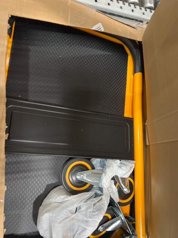 View 3 of Push Cart Dolly by Wellmax, Moving Platform Hand Truck, Foldable for Easy Storage and 360 Degree Swivel Wheels with 330lb Weight Capacity, Yellow Color