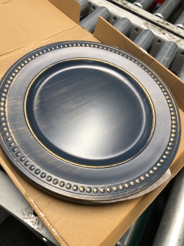 Photo 1 of **MISSING 2 PLATES** uxcell 6pcs Vintage Charger Plates Bulk, 13 Inch Plastic Beaded Chargers for Dinner Plates Set Round Plate Charger for Wedding Party Event Table Setting Decoration, Bronze
