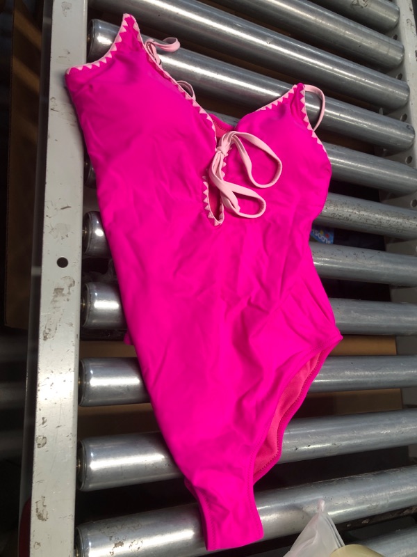 Photo 1 of (MEDIUM) (BAGGED) CHYRII Women's Sexy Cutout Scalloped One Piece Swimsuit V Neck Bathing Suit Swimwear Hot Pink MEDIUM