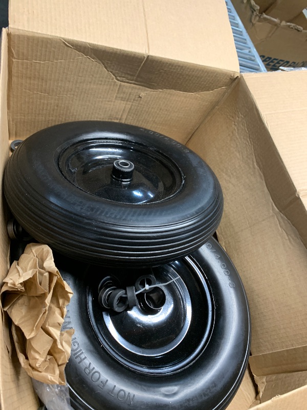 Photo 1 of (2-PACK) 4.80/4.00-8" Tire and Wheel - Universal Fit 16" Flat Free Solid Wheelbarrow Tires with 3" Hub and 5/8" Bearings – Extra Adapter kit includes 3/4" Ball Bearings, 1" and 1/2" Nylon Spacers