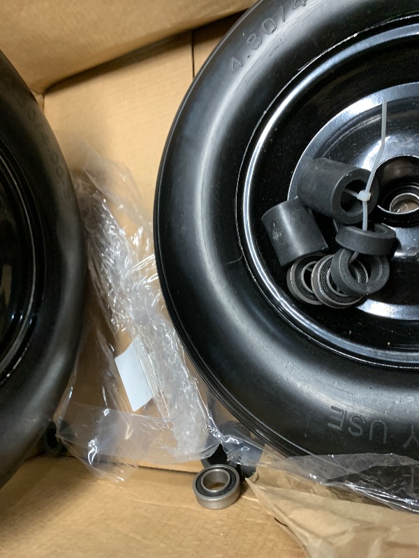 Photo 1 of (2-PACK) 4.80/4.00-8" Tire and Wheel - Universal Fit 16" Flat Free Solid Wheelbarrow Tires with 3" Hub and 5/8" Bearings – Extra Adapter kit includes 3/4" Ball Bearings, 1" and 1/2" Nylon Spacers