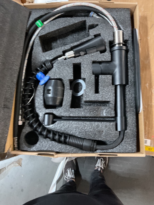 Photo 1 of APPASO Black Spring Kitchen Faucet with Soap Dispenser, Black Kitchen Sink Faucet with Pull Down Sprayer, Single Handle High Arc Commercial Spring Style Faucet for Kitchen, Farmhouse, RV, Matte Black