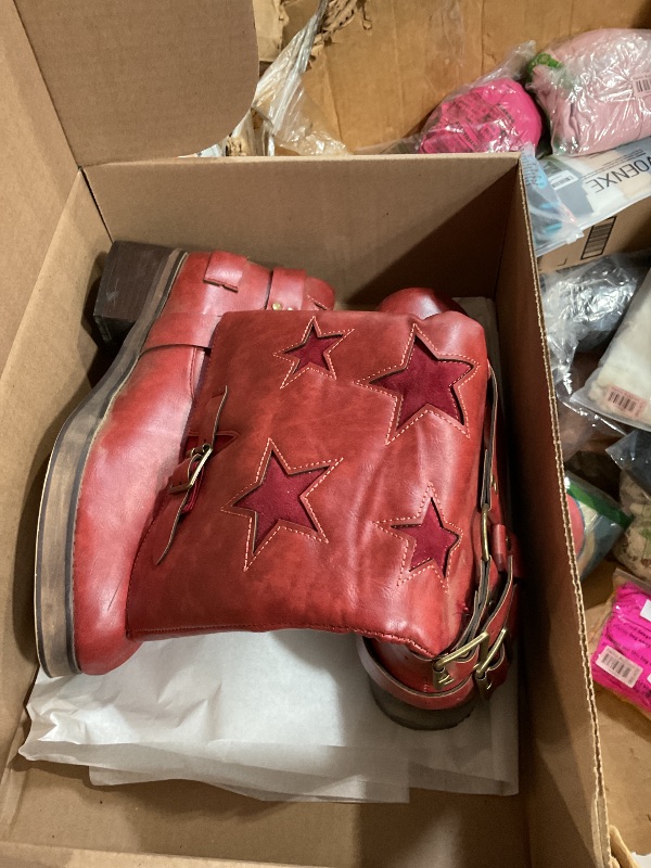 Photo 1 of ***(HEAVILY USED)***KISTANIA Red Boots for Women Wide Calf Knee High Riding Boots Square Toe Mid-Calf Motocycle Biker Booties Chunky Block Heel Pull-On Leather Fashion Buckles Size 9