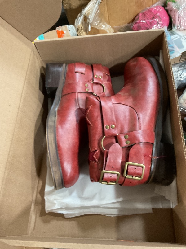 Photo 1 of ***(HEAVILY USED)***KISTANIA Red Boots for Women Wide Calf Knee High Riding Boots Square Toe Mid-Calf Motocycle Biker Booties Chunky Block Heel Pull-On Leather Fashion Buckles Size 9