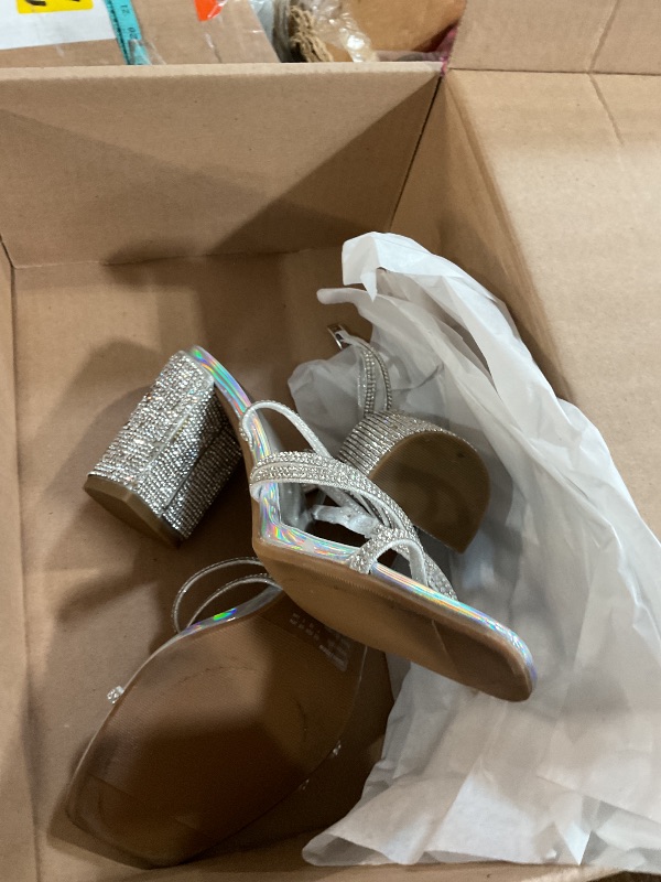 Photo 1 of ***(HEAVILY USED)***DREAM PAIRS Women's Heels Chunky Block Strappy Square Open Toe Ankle Buckle Heeled Sandals Wedding Party Dress Shoes Indie,Size 7,Silver-Rhinestone,SDHS2428W