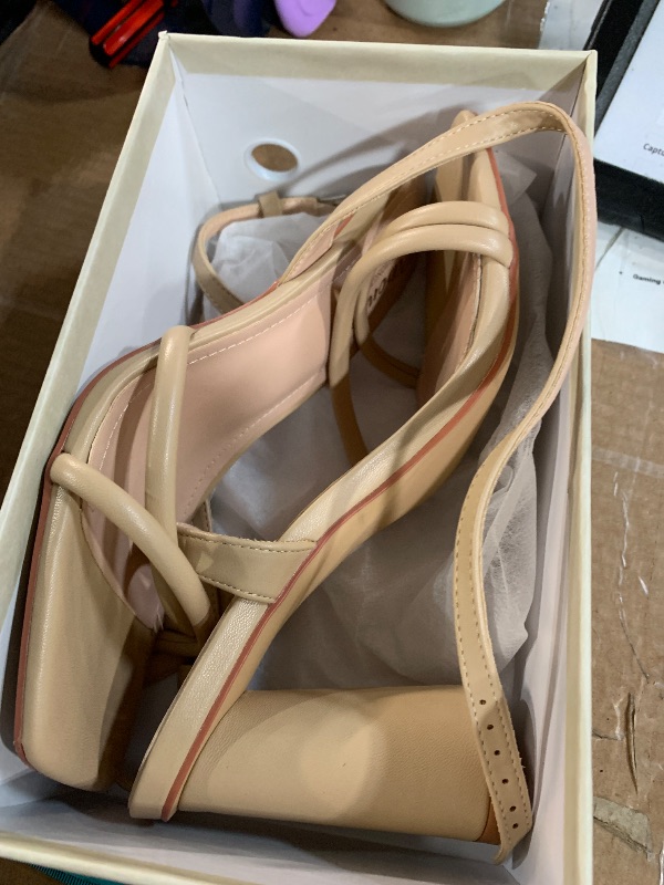 Photo 1 of (HEEL IS MISSING) (DAMAGED) RIBONGZ Nude Strappy High Heels for Women Heeled Sandals Square Open Toe Ankle Strap Chunky Wedding Bridal Shoes Block High Heels for Party Dress 8