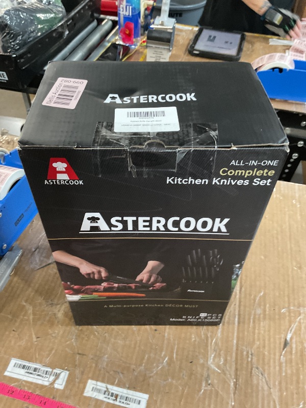 Photo 1 of ***(HEAVILY USED/ MINOR DAMAGE)***Astercook Knife Set, Kitchen Knife Set with Built-in Sharpener Block, Dishwasher Safe, 15 Pieces German Stainless Steel Knife Block Set, Black