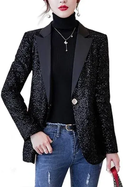 Photo 1 of (MEDIUM SIZE) Blazers for Women Business Casual Petite Office Long Sleeve Shiny Sequins Suit Jacket for Holiday Party JNZJK001