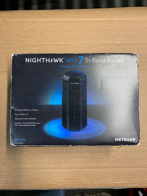Photo 1 of NETGEAR Nighthawk Tri-Band WiFi 7 Router (RS700S) - Security Features, BE19000 Wireless Speed (up to 19Gbps) – 10 Gig Internet Port - Covers up to 3,500 sq. ft., 200 Devices – 1-Year Armor Included