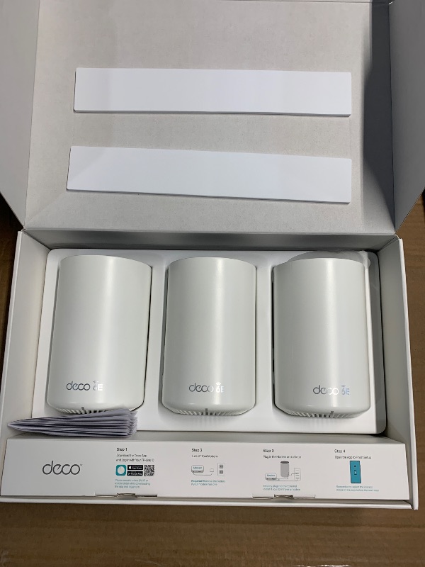 Photo 1 of TP-Link Deco AXE5400 Tri-Band WiFi 6E Mesh System - Wi-Fi up to 7200 Sq.Ft, Engadget Rated Best Mesh For Most People, Replaces WiFi Router and Extender, AI-Driven Mesh New 6GHz Band, 3-Pack(Deco XE75)