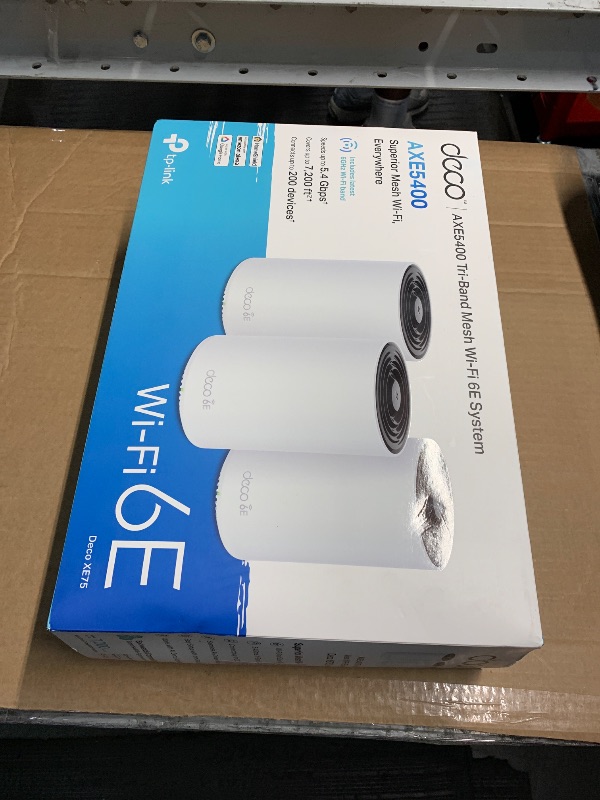 Photo 1 of TP-Link Deco AXE5400 Tri-Band WiFi 6E Mesh System - Wi-Fi up to 7200 Sq.Ft, Engadget Rated Best Mesh For Most People, Replaces WiFi Router and Extender, AI-Driven Mesh New 6GHz Band, 3-Pack(Deco XE75)