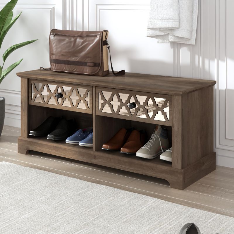Photo 1 of *** FACTORY SEALED***Galano Heron Shoe Storage Bench with 2 Mirror Drawers, Freestanding Organizer with Open Shelves for Entryway, 15.7" D x 43.3" W x 18.9" H, Knotty Oak