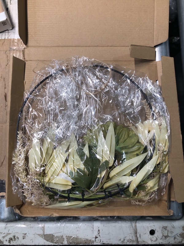 Photo 1 of (USED/FAIR) Weldomcor Artificial Floral Wreath for Front Door Floral Hoop Wreath Decor with White Flowers Green Leaves Garland Spring Wall Window Home Hanging Decorations
