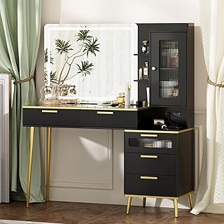 Photo 1 of 
47.24" Big Modern Vanity Desk with Mirror and Lights,Makeup Vanity Desk with 5 Drawers and Storage Shelves & Power Outlet,Dressing Table