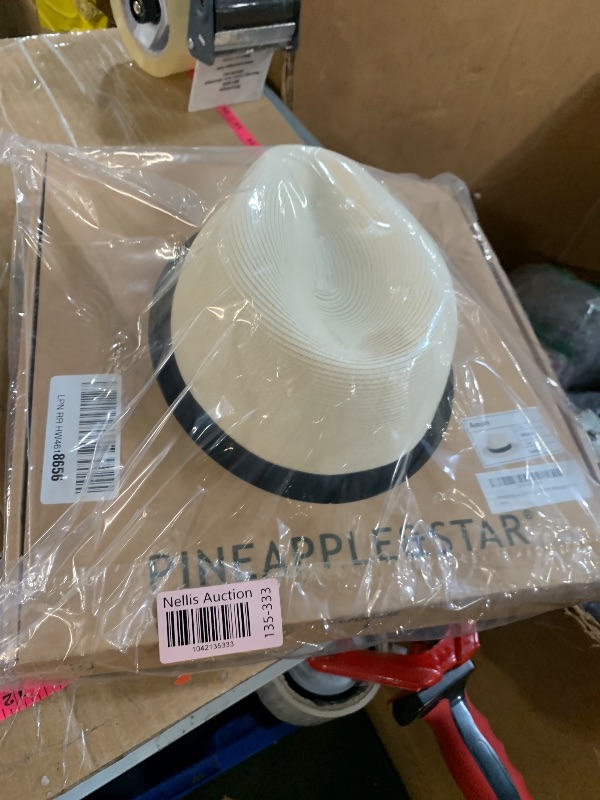 Photo 1 of (used)(see images for damage) Pineapple&Star Sun Straw Fedora Beach Hat Fine Braid UPF50+ for Unisex (Large, Off-White)