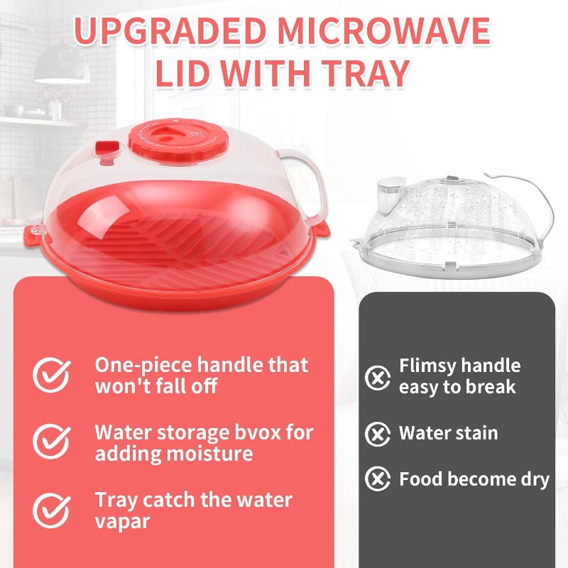 Photo 1 of (BAGGED) (USED/FAIR) Microwave Splatter Cover Lid for Food 10.2 Inch with Water Steamer, Clear Microwave Splash Guard Cooker Lid with Plate, Dish Bowl Plate Serving Cover Cookware High Transparent Plastic Red