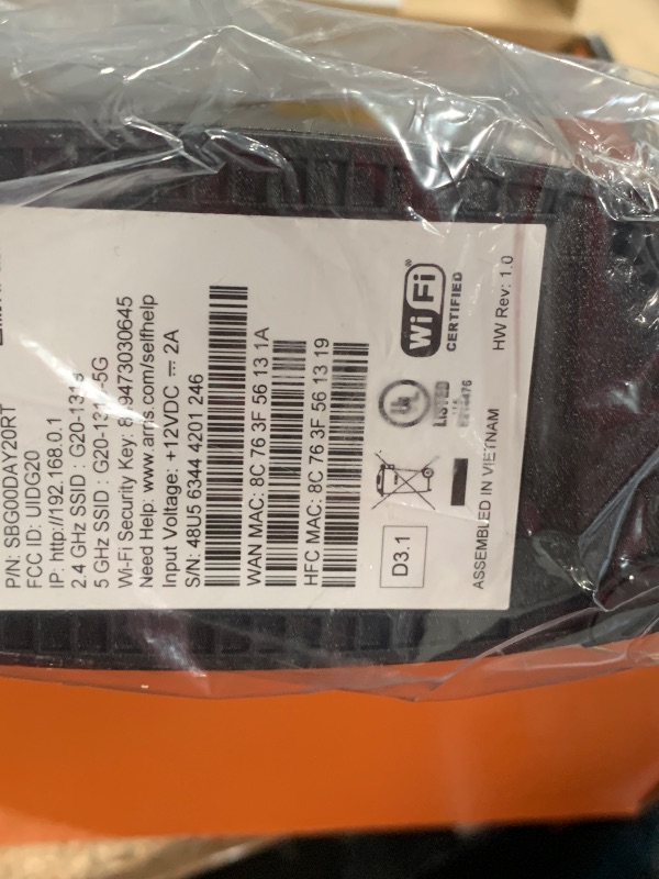 Photo 1 of ARRIS (G20) - Cable Modem Router Combo - Fast DOCSIS 3.1 Multi-Gigabit WiFi 6 (AX3000), Approved for Comcast Xfinity, Cox, Spectrum & More, 1.0 Gbps Max Speeds, Next-Generation Upload Optimized