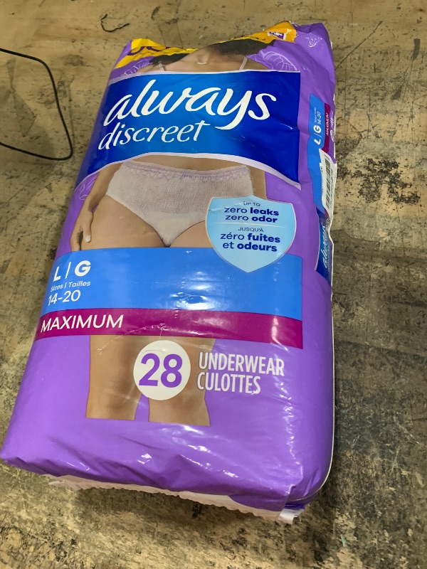 Photo 1 of Always Discreet Adult Incontinence Underwear for Women and Postpartum Underwear, L, Up to 100% Bladder Leak Protection, 28 Count (Packaging May Vary)
