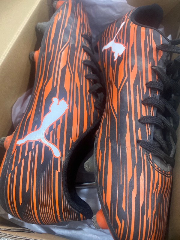 Photo 1 of (MINOR USAGE) PUMA Men's RAPIDO III FIRM GROUND/ARTIFICIAL GROUND Soccer Cleat, Puma Black-Puma White-Dragon Fire, 9.5