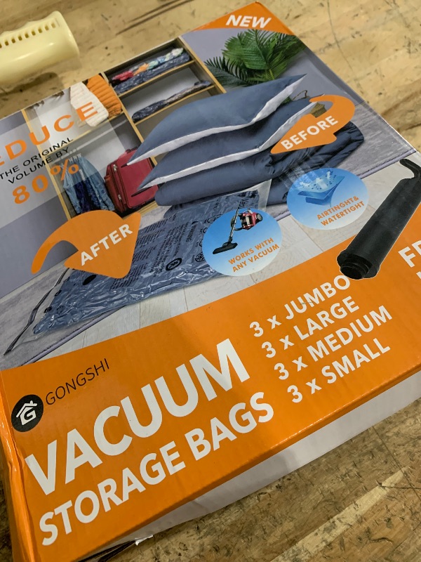 Photo 1 of 12 Pack Vacuum Storage Bags (3 Jumbo, 3 Large, 3 Medium, 3 Small),Plastic Packaging Bags,Space Saver Sealer Compression Bags with Travel Hand Pump for Blankets, Comforters, Pillows, Clothes Storage