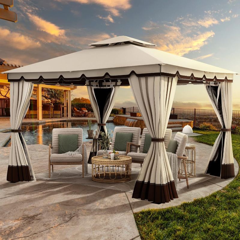 Photo 1 of **  Incomplete set, only box 3 of 3 missing box 1 and 2 ** YITAHOME 10x12ft Patio Gazebo Outdoor Double Roof Canopy Gazebo w/Netting & Curtains, Soft Fabric Top Garden Winds Tent with Steel Frame for Lawn