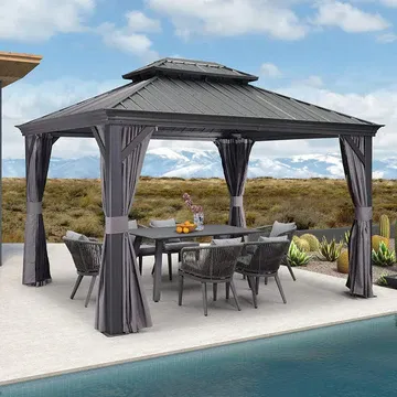 Photo 1 of (Box 1 (frame)) YITAHOME 10x10ft Hardtop Gazebo with Nettings and Curtains, Heavy Duty Double Roof Galvanized Steel Outdoor Combined of Horizontal Vertical Stripes Roof for Patio, Backyard, Deck, Lawn