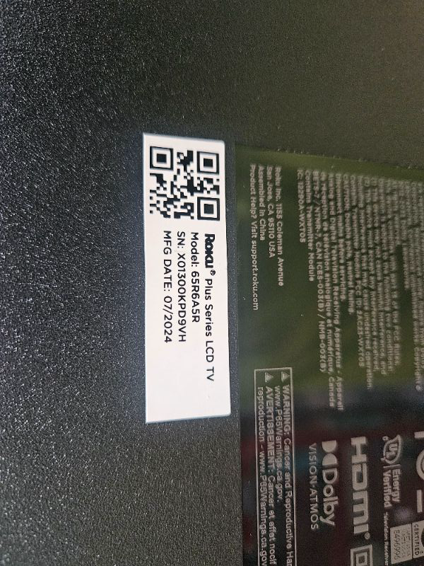 Photo 1 of ** BROKEN SCREEN, FINAL SALE ** Roku Smart TV – 65-Inch Plus Series 4K QLED RokuTV with Roku Voice Remote Pro, Dolby Vision, Striking 4K Resolution, Automatic Brightness, & Seamless Streaming – Live Local News & Sports
