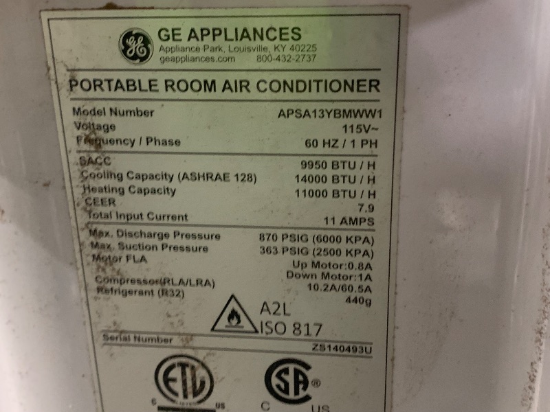 Photo 1 of ***SEE NOTES*** 
GE APSA13YBMW 13,000 Heat/Cool 9,950 BTU SACC Portable Air Conditioner for Medium 350 sq ft, Digital, Remote Control, Perfect for Bedroom or Living Room, Easy Install Kit Included, Eco-Friendly
