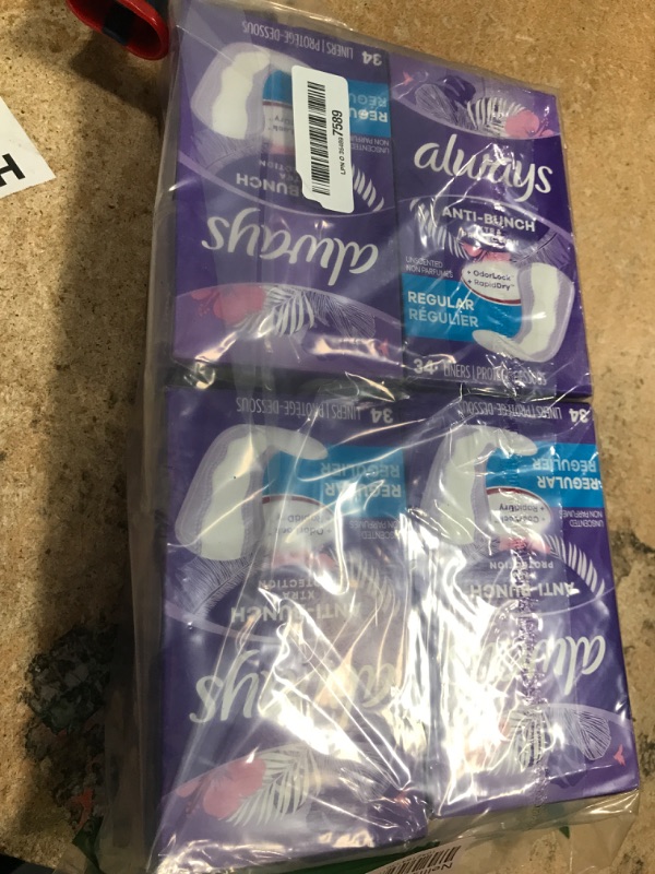 Photo 1 of Always Anti-Bunch Xtra Protection Daily Liners, Regular Length, Unscented, 34 Count x 4 (136 Count Total) (Packaging May Vary)
