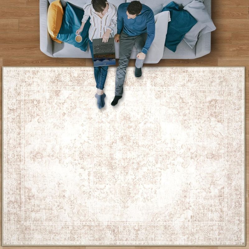 Photo 1 of (see all images) Area Rug Vintage Rug: Large Washable Indoor Medallion Rugs Low Pile Distressed Floor Carpet Retro Accent Rug 