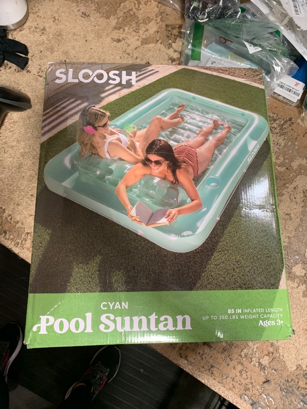Photo 1 of SLOOSH Inflatable Tanning Pool Lounger Float, 85" x 57" Extra Large Pool Floats Adult with Pillow, 4 in 1 Suntan Tub Raft Floatie,Sunbathing Bed Lounge for Water Blow Up Ball Pit Party Gifts, XL-Cyan
