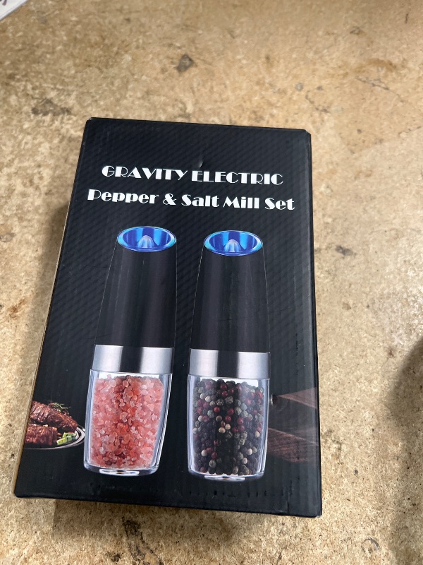 Photo 1 of **PEPPER SHAKER NON-FUNCTIONAL** Sweet Alice Gravity Electric Pepper and Salt Grinder Set, Adjustable Coarseness, Battery Powered with LED Light, One Hand Automatic Operation, Stainless Steel Black, 2 Pack