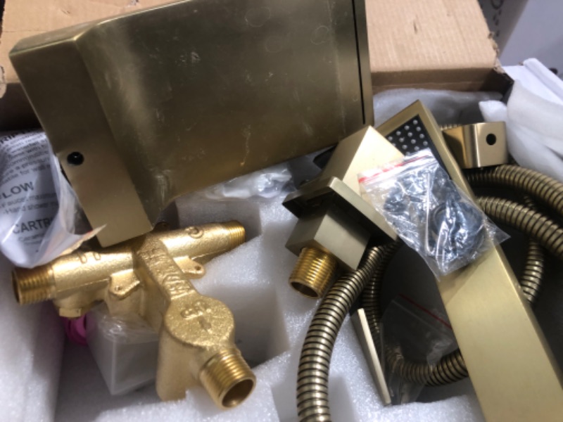 Photo 1 of ***PARTS ONLY***TapLong Waterfall Bathtub Faucet Set with Sprayer, Single Handle Tub Filler with Hand Shower, 3 Holes Contemporary Wall Mount Roman Tub Faucet with Rough-in Valve and Trim Kit, Brushed Gold, 91266BG