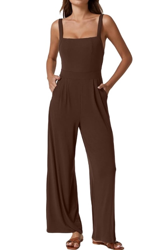 Photo 1 of  QINSEN Womens Casual Loose Overalls Jumpsuit Square Neck One Piece Sleeveless Wide Leg Rompers Outfits M