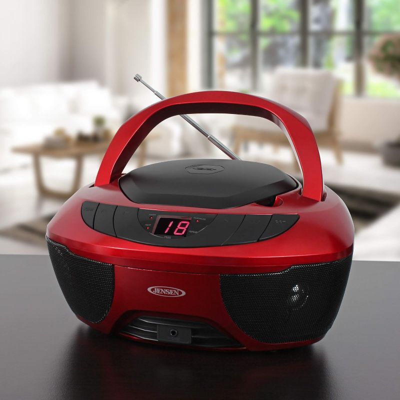 Photo 1 of (POWER TESTED) (USED/FAIR) Jensen CD-475R Portable Sport Stereo Boombox CD Player with AM/FM Radio and Aux Line-in & Headphone Jack (Red)