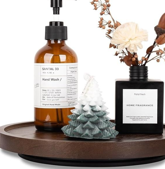 Photo 1 of (DARK BROWN/STAINED WOOD) Wood Lazy Susan Organizer Kitchen Turntable for Cabinet Farmhouse Bathroom Decor Round Decorative Tray for Vanity, Counter, Sink, Coffee Table, 10 Inch, Brown