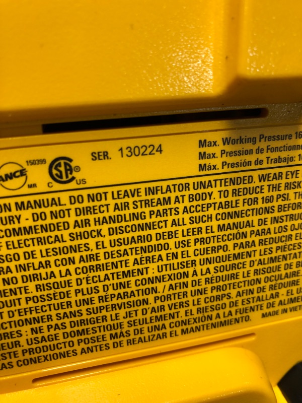 Photo 1 of **DOES NOT TURN ON/PARTS ONLY** DEWALT Tire Inflator Portable Air Compressor 20V MAX, Air Pump with Automatic Shut Off, LED Light, Tool Only (DCC020IB)