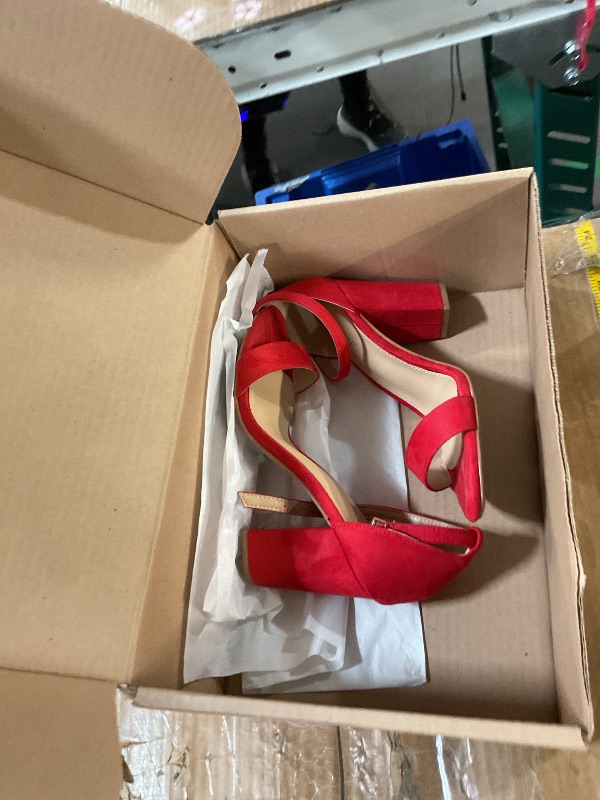 Photo 1 of ***(HEAVILY USED/ MINOR DAMAGE)***PARTY Women's Chunky Heels Open Toe Ankle Strap 3 inch Heeled Sandals,Carrie-Red Su-8.5