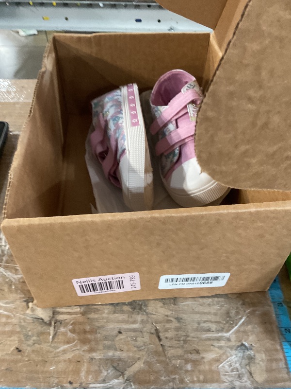 Photo 1 of ***(HEAVILY USED/ MINOR DAMAGE)***EUXTERPA Toddler Light Up Sneakers Kids Casual Canvas Shoes with Adjustable Strap for Girls, Pink Purple Unicorn, Big Kid Size 1