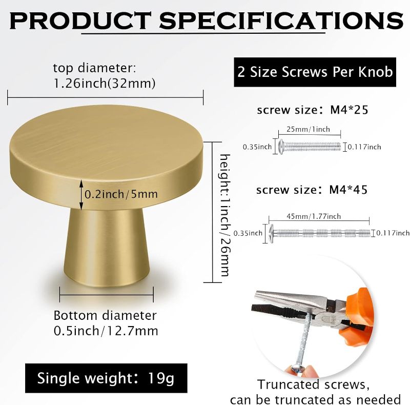 Photo 1 of (PARTIAL SET) (BAGGED) Hotop 30 Pack Cabinet Knob Kitchen Cabinet Knob with 2 Kinds Screws for Hardware Dresser Drawer Aluminum Alloy Oxidation Wire Drawing Handle(Brushed Gold,Mushroom)