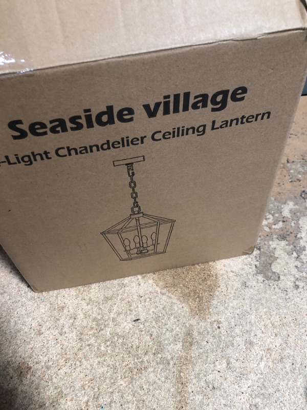 Photo 1 of (used)(unkonwn if complete) (see images) 4 Light Chandelier, Industrial Ceiling Light Black Lantern Light Fixtures with Farmhouse Metal Cage Adjustable Height Rustic