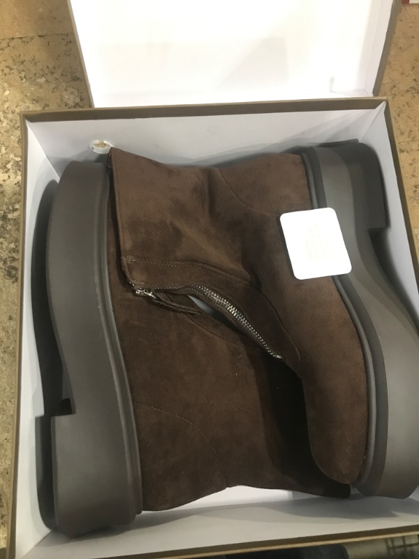Photo 1 of Riekhany Women Suede Platform Ankle Boots Round Toe Comfortable Chelsea Boots Casual Chunky Low Heel Short Boots with Front Zipper Chocolate 7W