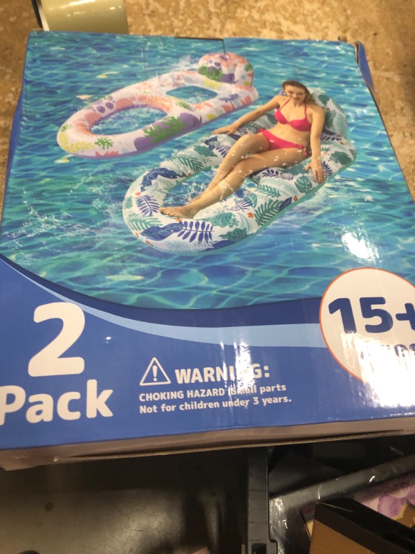 Photo 1 of 2 Pack Pool Floats Adult Heavy Duty-Adult Pool Float Lounger with Cup Holders, Backrest & Footrest Pool Lounge Float Pool Floaties Rafts for Beach Lake Party(Pink, Blue)